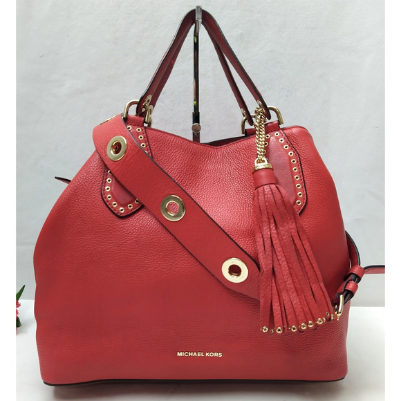 Michael Kors Brooklyn Red Leather Tassel Double Handle Satchel Shoulder Bag - Picture 1 of 16
